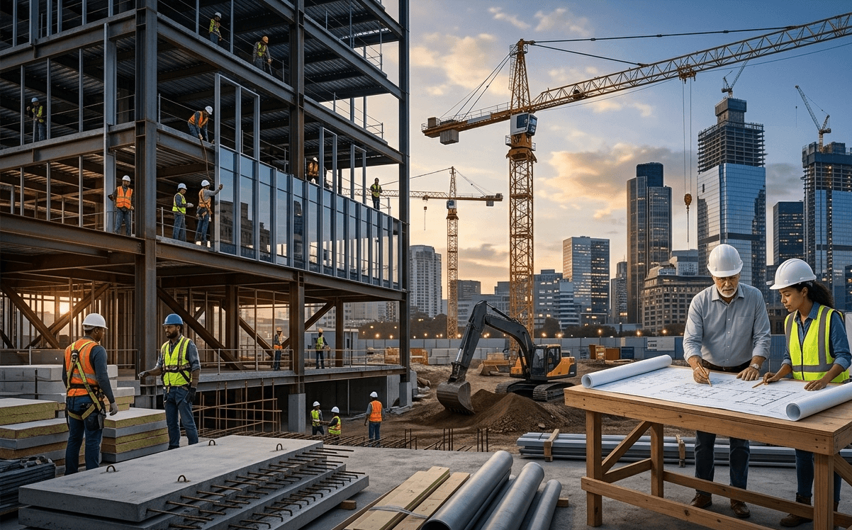 Construction professionals collaborating on a jobsite